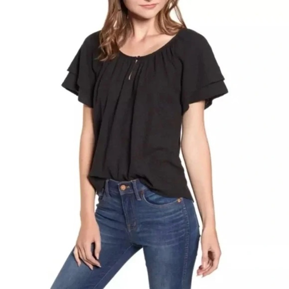 Madewell Texture & Thread Black Ruffle Sleeve Top – Size XS